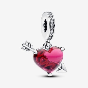 Pandora Red Heart & Arrow Murano Glass Dangle Charm Argintii | 4983271-GQ